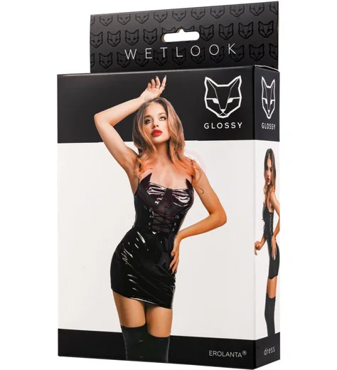 Платье с кошачьими ушками Glossy Mirabell из материала Wetlook чёрное фото 4