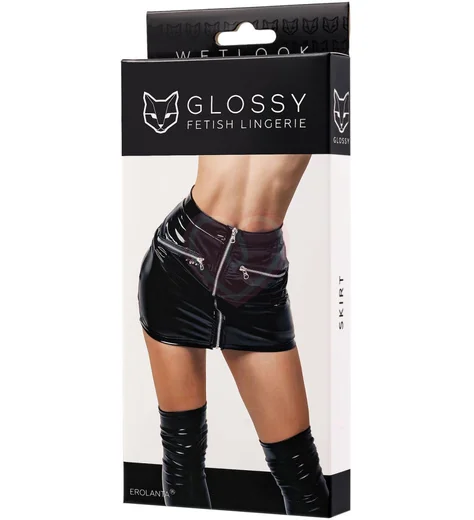 Юбка с замком и декоративными карманами Glossy Billie из материала Wetlook чёрная фото 4