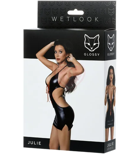 Платье с красной шнуровкой Glossy Julie из материала Wetlook чёрное фото 4