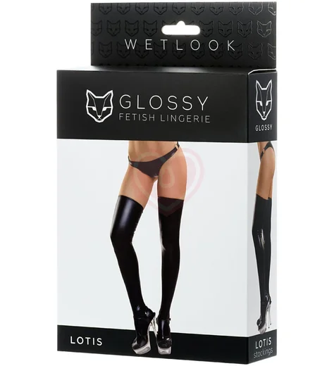 Чулки Glossy Lotis из материала Wetlook чёрные фото 4