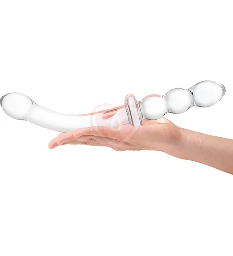 Стеклянный двусторонний фаллоимитатор Girthy Ribbed G-Spot Glass прозрачный фото 4