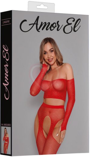 Комплект Amor El из топа и чулок с поясом и стразами красный фото 3