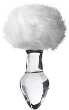 Стеклянная анальная пробка с белым кроличьим хвостиком Sexus Glass прозрачная