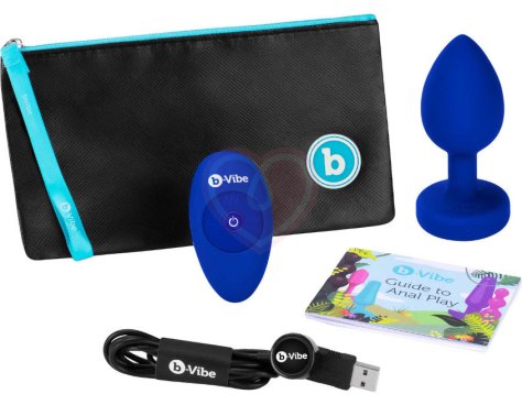 Вибропробка b-Vibe Vibrating Jewel Plug L/XL с кристаллом и пультом синяя фото 7