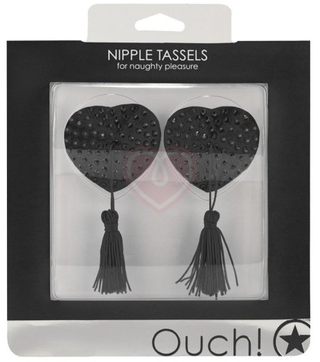 Пэстисы-сердечки с кисточками Ouch! Nipple Tassels чёрные фото 2