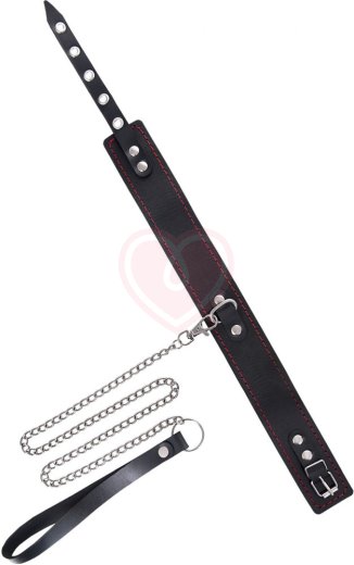 Ошейник с поводком и красной строчкой Pecado BDSM черный фото 2