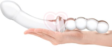 Стеклянный двусторонний фаллоимитатор Girthy Double Sided Dong With Anal Bead прозрачный фото 4