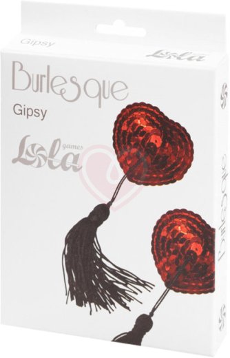 Пэстисы Burlesque Gipsy сердечки из пайеток с длинными кисточками красные с чёрным фото 2