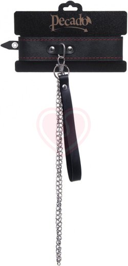 Ошейник с поводком и красной строчкой Pecado BDSM черный фото 6