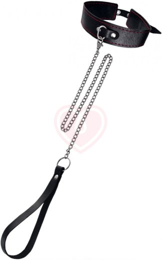 Ошейник с поводком и красной строчкой Pecado BDSM черный фото 1