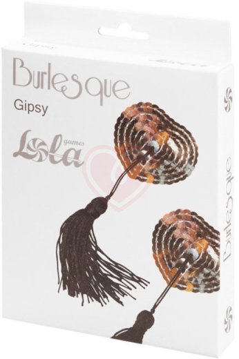 Пэстисы Burlesque Gipsy сердечки из пайеток с длинными кисточками серебряные с чёрным фото 2