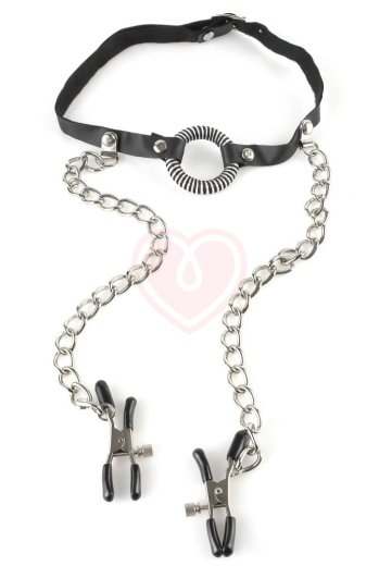 Кляп с зажимами для сосков O-Ring Gag Nipple Clamps фото 1