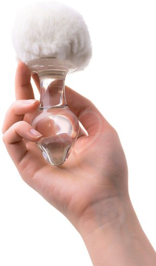 Стеклянная анальная пробка с белым кроличьим хвостиком Sexus Glass прозрачная фото 3
