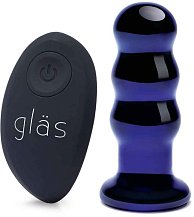 Стеклянная рельефная анальная вибропробка с пультом Glas Beaded Buttplug синяя