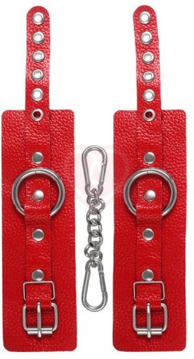 Кожаные наручники с люверсами Pecado BDSM красные фото 4