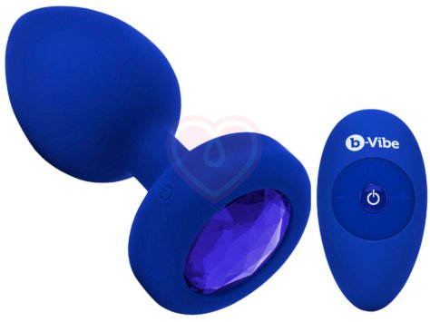 Вибропробка b-Vibe Vibrating Jewel Plug L/XL с кристаллом и пультом синяя фото 1