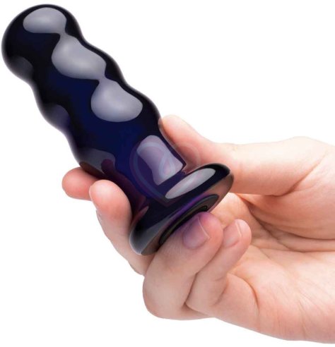 Стеклянная рельефная анальная вибропробка с пультом Glas Beaded Buttplug синяя фото 4