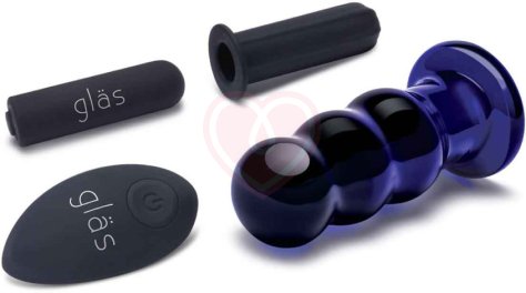 Стеклянная рельефная анальная вибропробка с пультом Glas Beaded Buttplug синяя фото 2