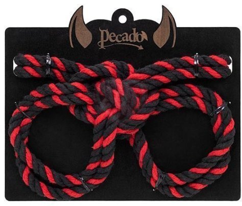 Наручники-оковы из хлопковой веревки Pecado BDSM Узел-альфа черно-красные фото 4