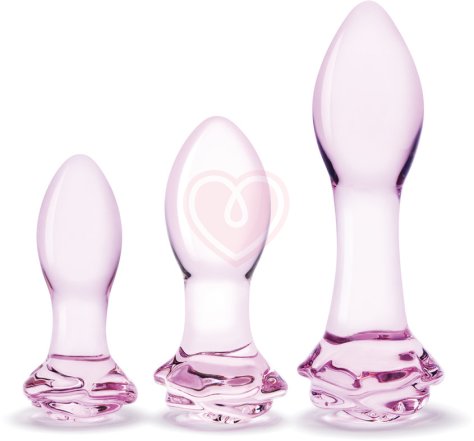 Набор стеклянных анальных пробок с розочками Glas Rosebud Butt Plug Set фото 1